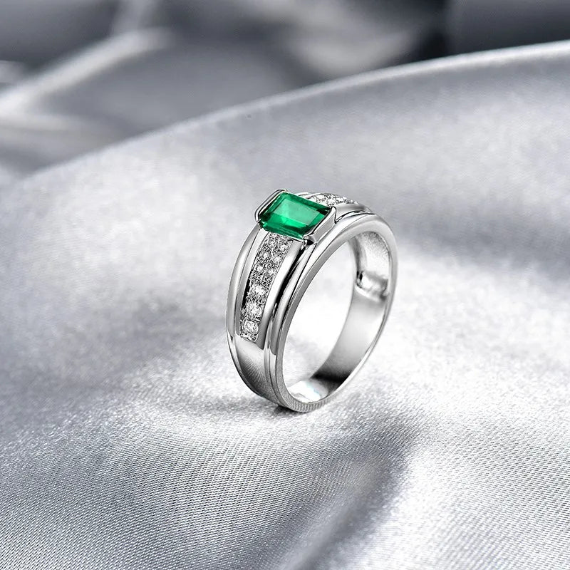 14K White Gold Emerald Diamond Engagement Ring for Men