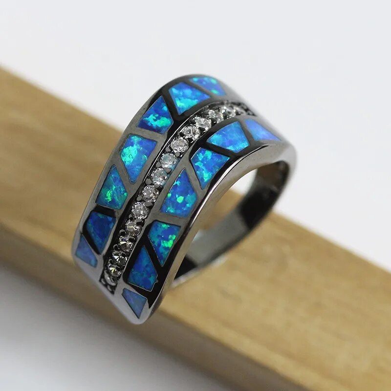 Silver Black Gun Plated Blue Opal Cocktail Ring for Women