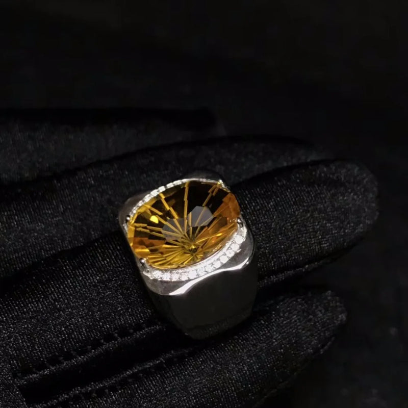 925 Sterling Silver Citrine Men's Ring with Precision Manufacturing, Natural Gem from Brazil