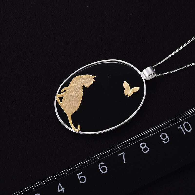 925 Sterling Silver Natural Agate Cat and Butterfly Pendant for Women