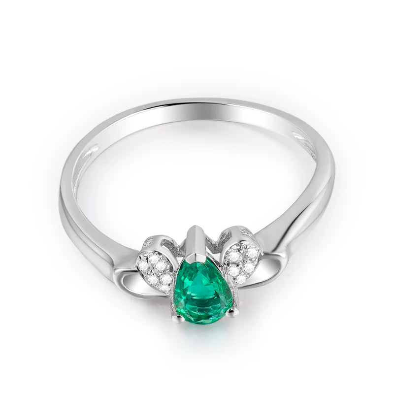 14K White Gold Green Pear Emerald Diamonds Ring for Women