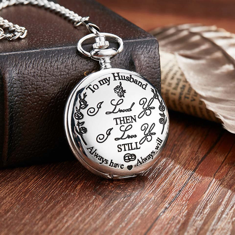 Stainless Steel Laser Engraved Pocket Watch with Chain for Men