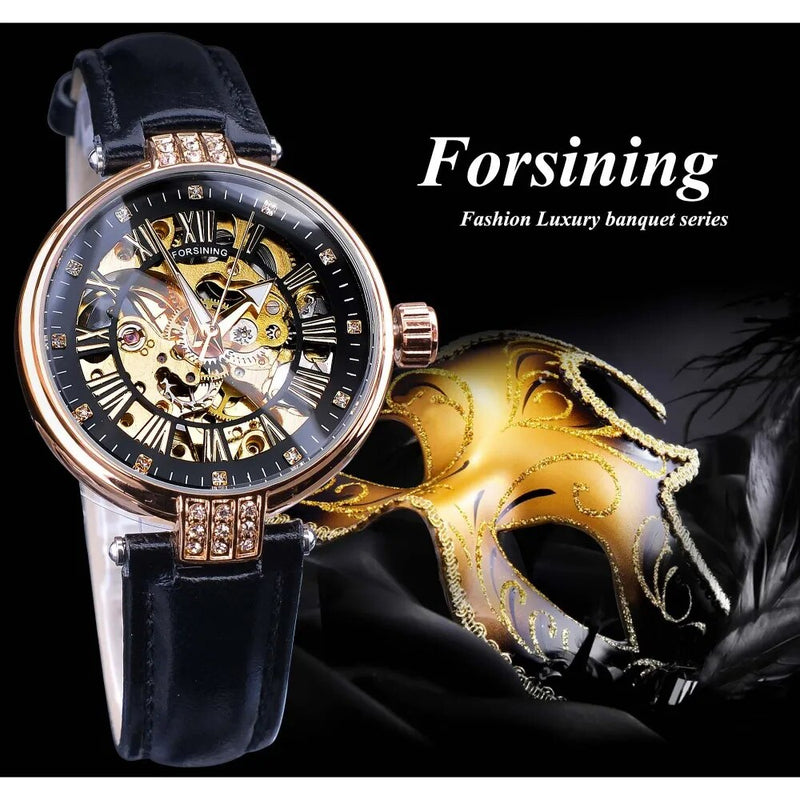 Stainless Steel Diamond Accented Luminous Hands Automatic Watch for Women