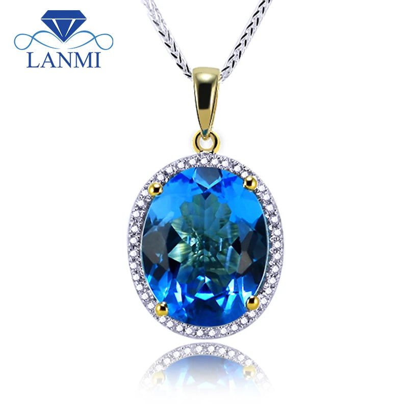 18K Yellow Gold Blue Topaz Diamond Pendant for Women