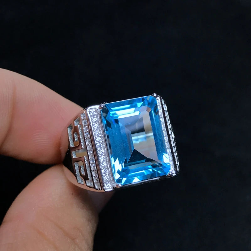 925 Silver Topaz Men's Ring with 8 Carat Gems, Exquisite Craftsmanship