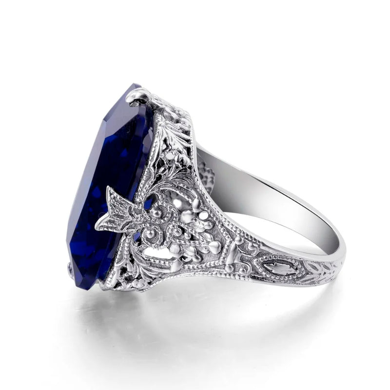 925 Sterling Silver Sapphire Square Engraved Ring for Women