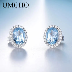 Sterling Silver Oval Sky Blue Topaz Stud Earrings for Women