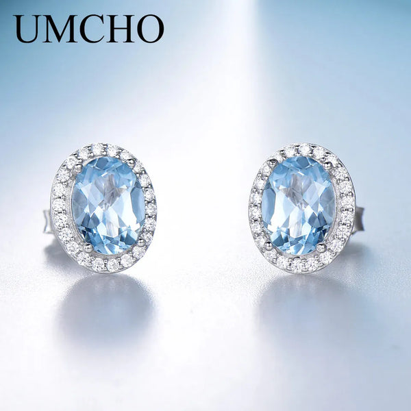 Sterling Silver Oval Sky Blue Topaz Stud Earrings for Women