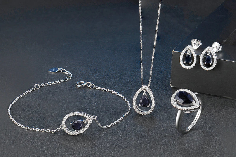 925 Sterling Silver Blue Sapphire Teardrop Jewelry Set for Women