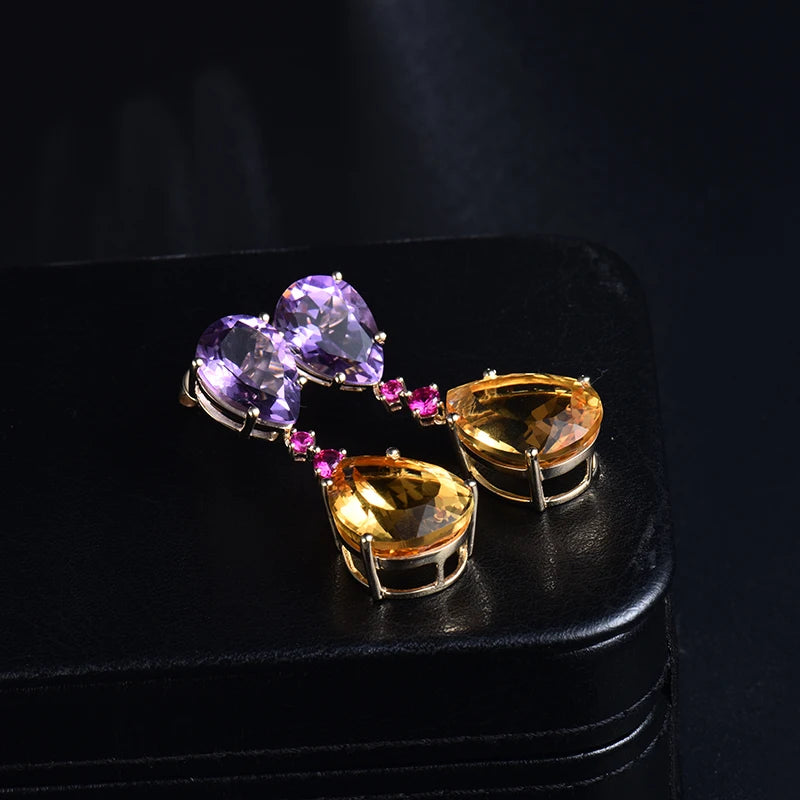 14K Yellow Gold Amethyst and Citrine Pear Drop Earrings for Women