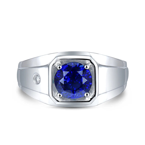 18kt White Gold Round Diamond Sapphire Men's Ring