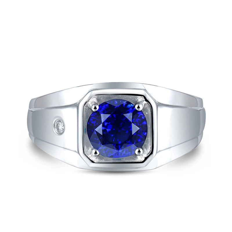 18kt White Gold Round Diamond Sapphire Men's Ring