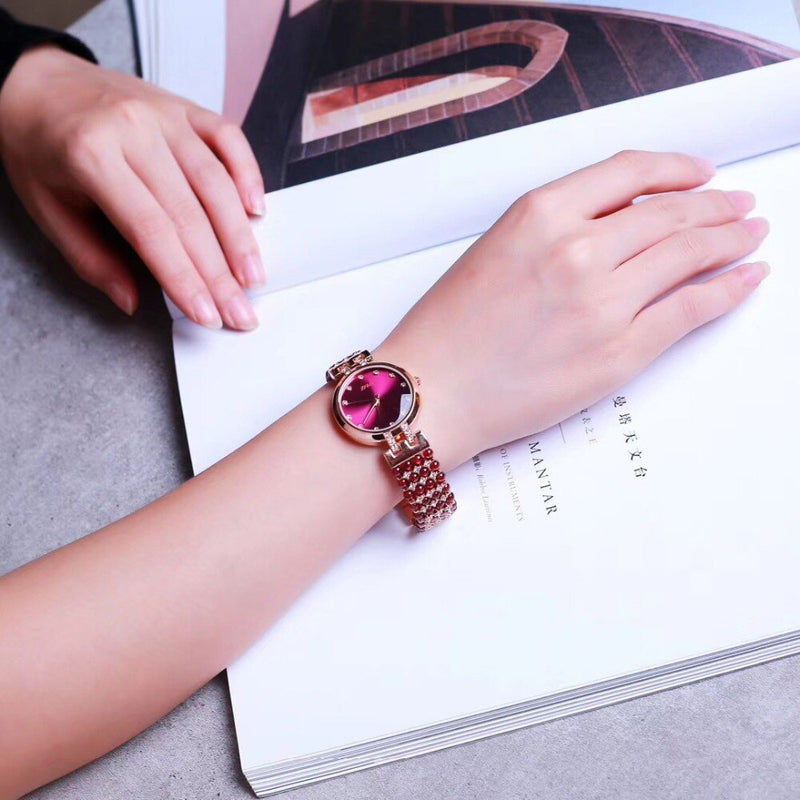 Stainless Steel Natural Garnet Stone Bracelet with 33mm Waterproof Watch for Women