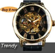 Golden Rectangle Dial Hollow Skeleton Mechanical Watch for Men