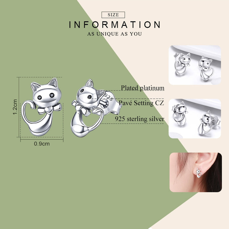 925 Sterling Silver Sticky Cat Animal Stud Earrings for Women