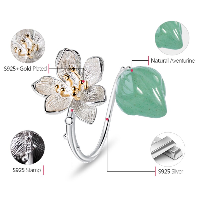 Sterling Silver Aventurine Flower Ring for Women