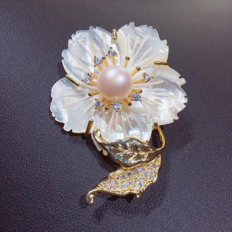 Silver Freshwater Pearl Shell Flower Brooch Pins for Women