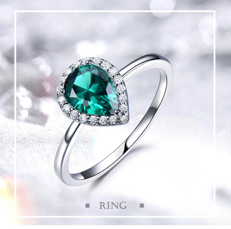 Sterling Silver Green Emerald Gemstone Halo Engagement Ring for Women