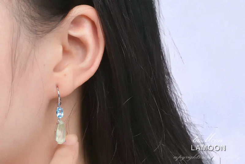 Sterling Silver Prehnite and Blue Topaz TearDrop Earrings for Women