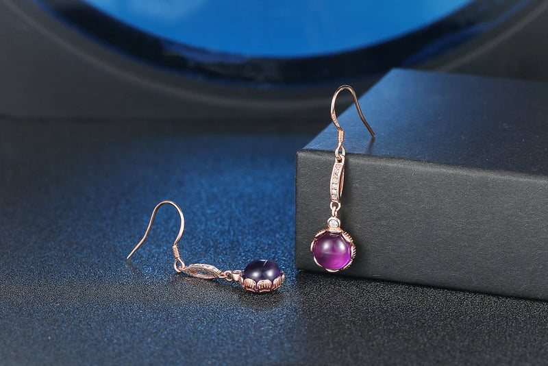 925 Sterling Silver Rose Gold Plated Amethyst Drop Earrings for Women