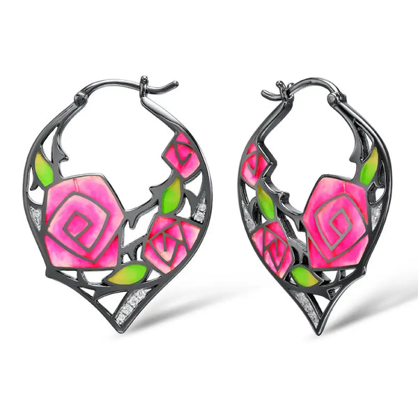 925 Sterling Silver Black Plated Rose Flower Enamel Hoop Earrings for Women