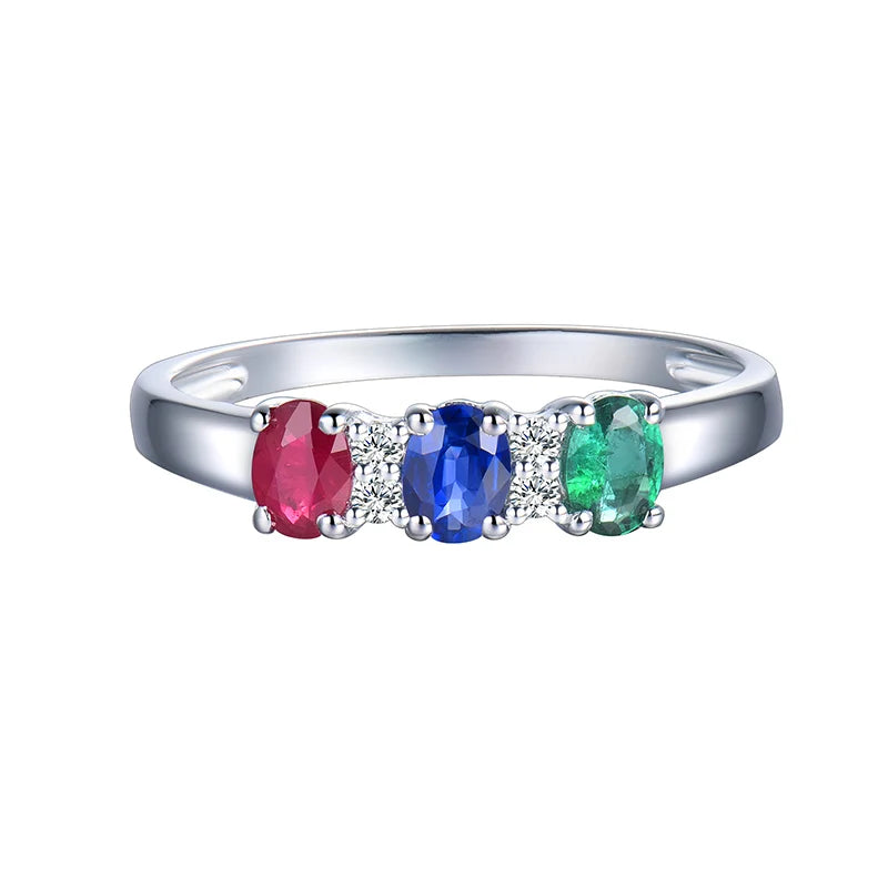 14K White Gold Sapphire, Ruby, Emerald & Diamond Ring for Women