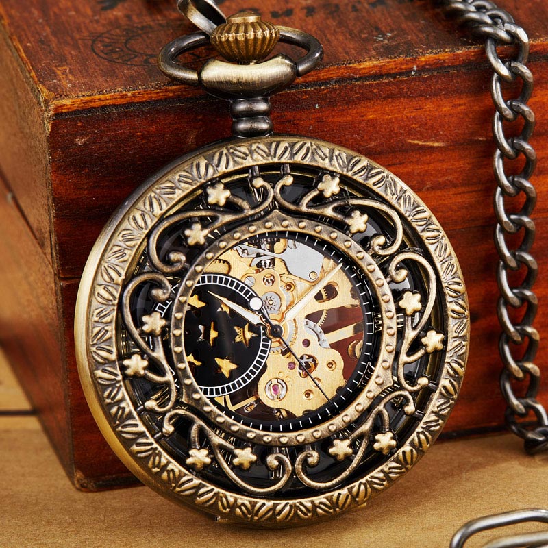 Gold Skeleton Hollow Pocket Watch with FOB Chain for Mens and Womens