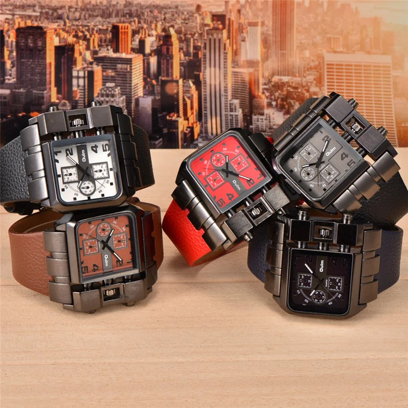 Unique Design Square Men's Wristwatch with Wide Dial and Leather Strap