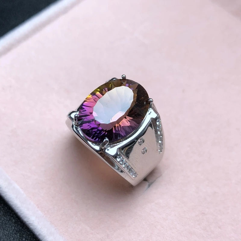 925 Silver Ametrine Ring with Two-Color Fire, Natural Beauty for Men