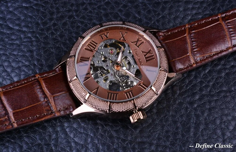 Transparent Skeleton Mechanical Watch with Roman Numerals for Men