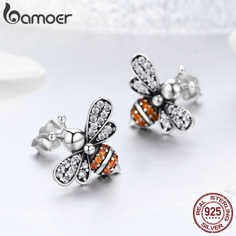 Sterling Silver Clear CZ Bee Stud Earrings for Women