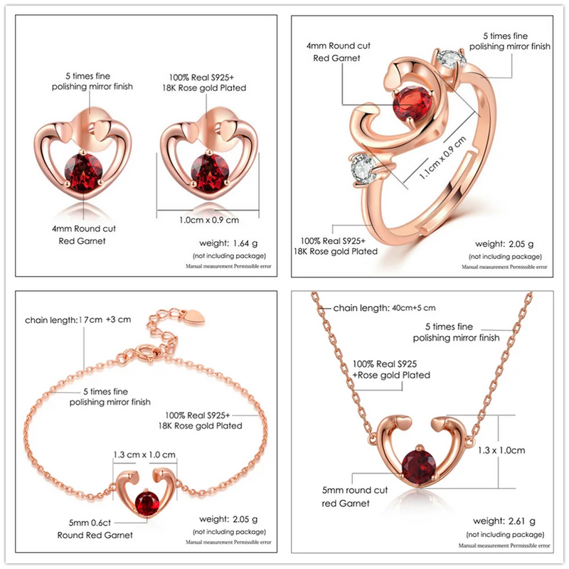 925 Sterling Silver Garnet Heart Jewelry Set For Women