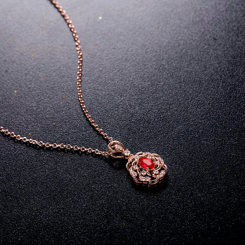 14K Rose Gold Red Ruby and Diamond Pendant Necklace for Women