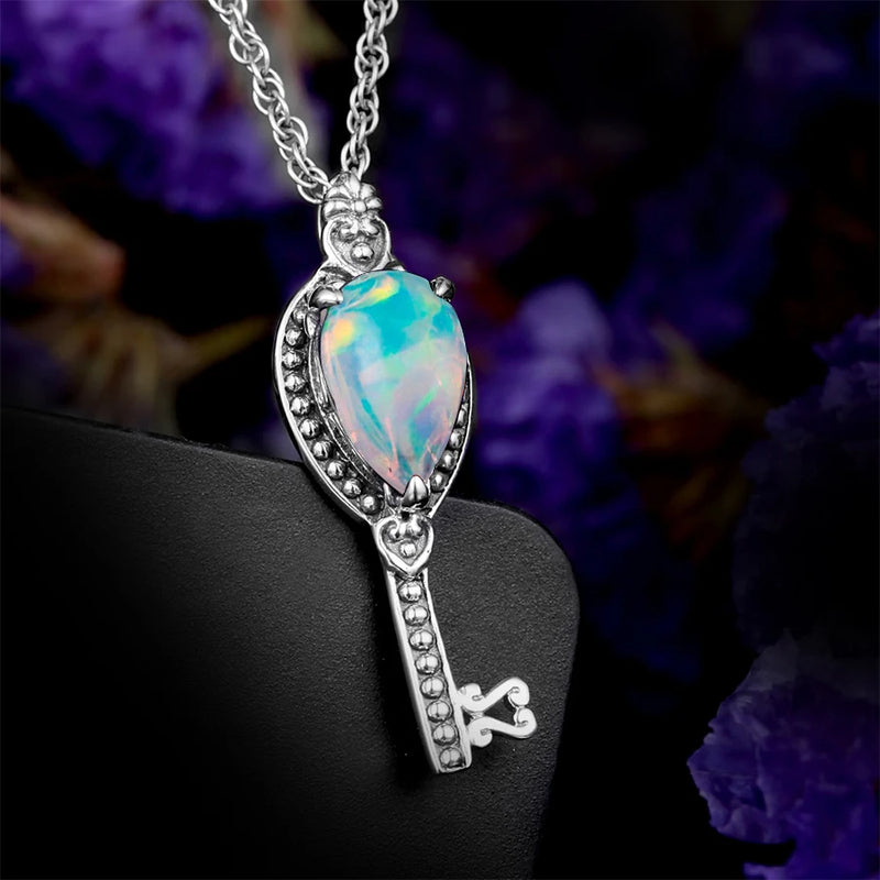 925 Sterling Silver Opal Pendant Key Shape for Women