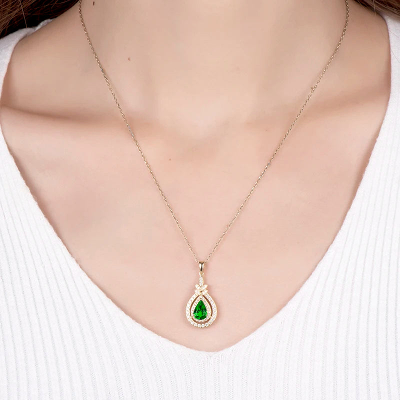 14K Yellow Gold Tsavorite Pendant with Diamonds Necklace for Women