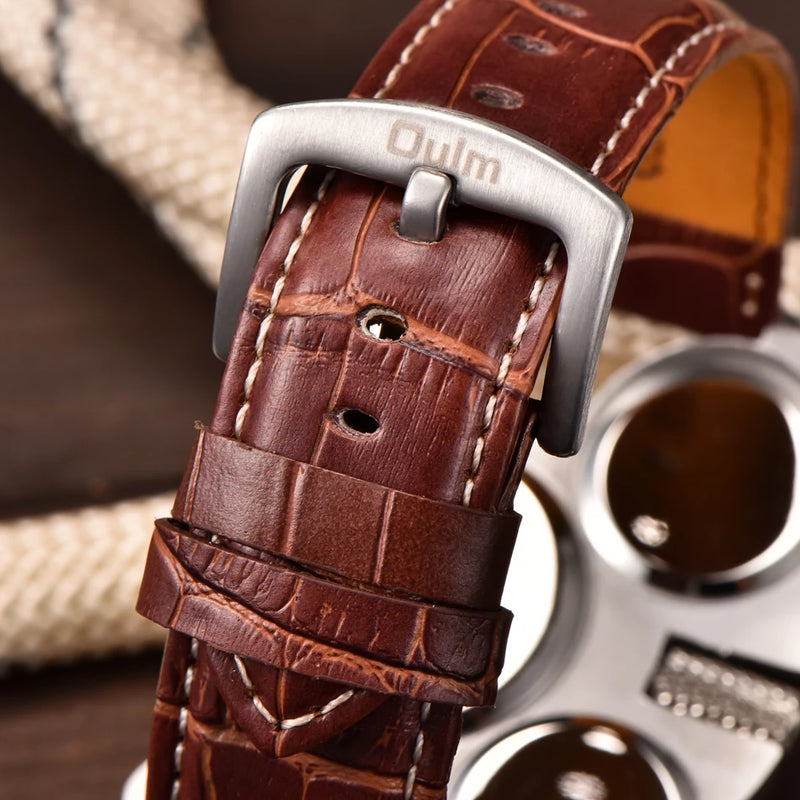 Luxury Fashion Brown Quartz Watch with Three Small Dials & Leather Strap for Men