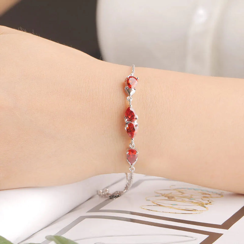 Sterling Silver Garnet Bracelet with Pear Cut Zircon, 5x7mm, for Women