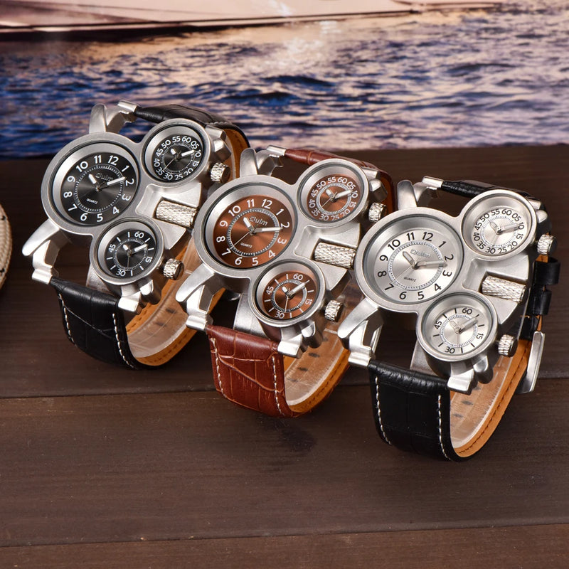 Luxury Fashion Brown Quartz Watch with Three Small Dials & Leather Strap for Men