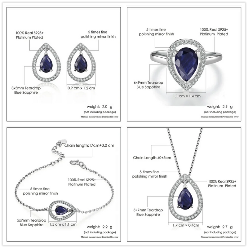 925 Sterling Silver Blue Sapphire Teardrop Jewelry Set for Women