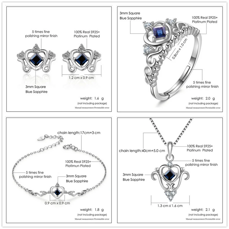 925 Sterling Silver Blue Sapphire Jewelry Set for Women