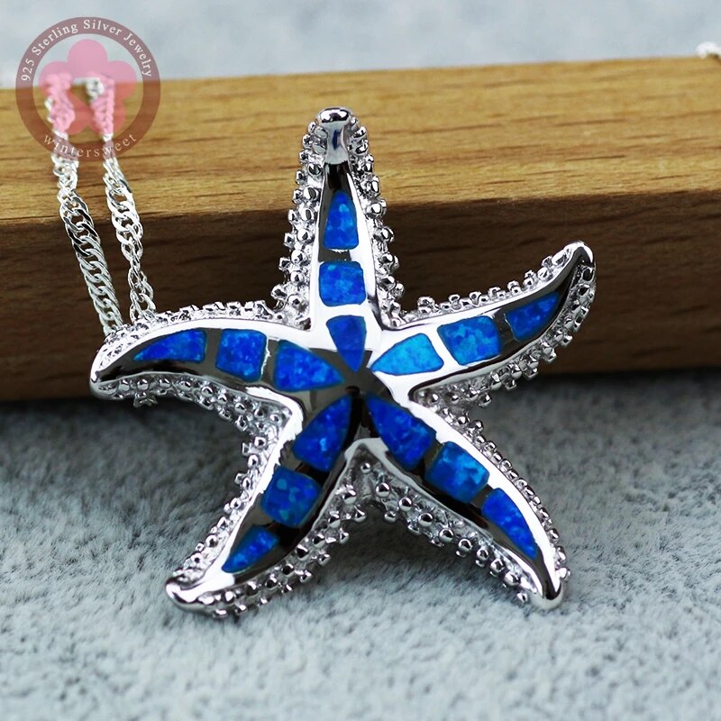 Sterling Silver Blue Opal Gemstone Sea Star Pendant for Women & Men