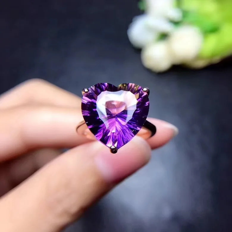 925 Silver Natural Amethyst Heart-Shaped Ring for Lady