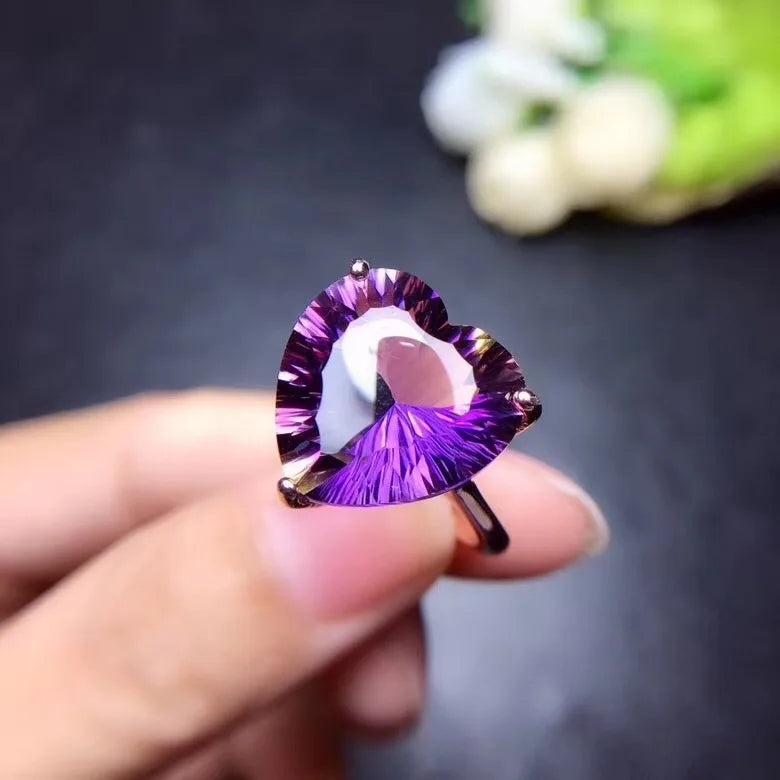 925 Silver Natural Amethyst Heart-Shaped Ring for Lady