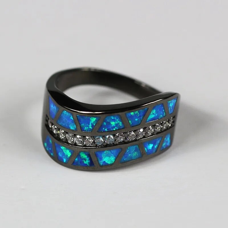 Silver Black Gun Plated Blue Opal Cocktail Ring for Women