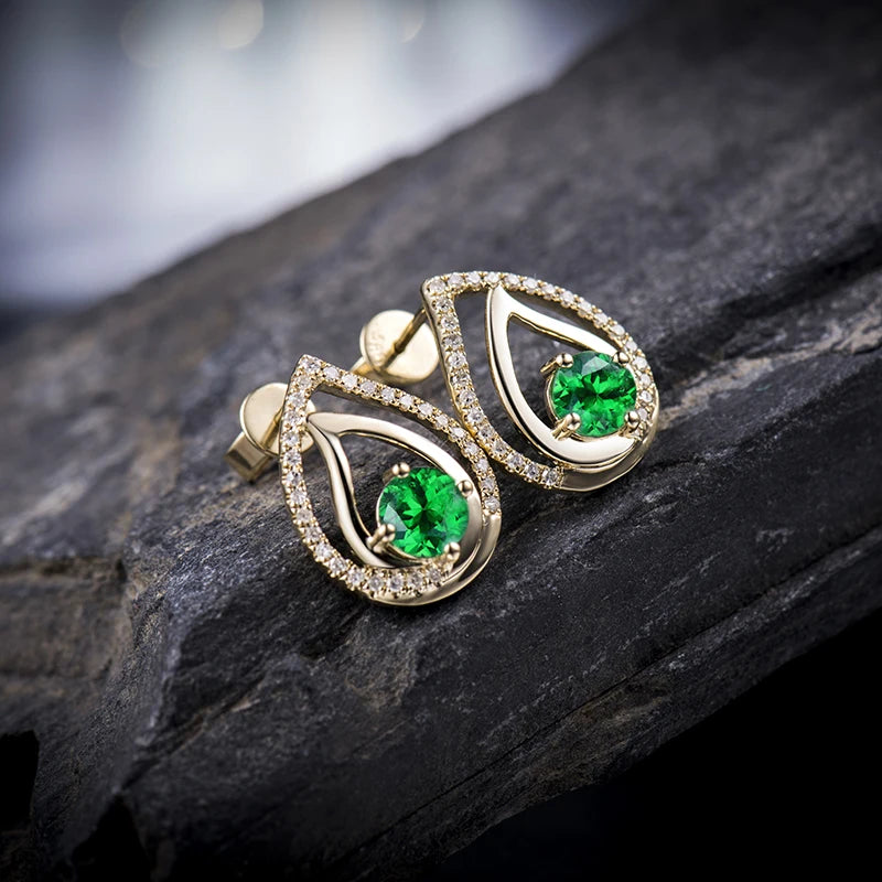 14K Yellow Gold Tsavorite Diamond Stud Earrings for Women