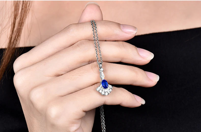 14K White Gold Oval Blue Sapphire Pendant Necklace for Women