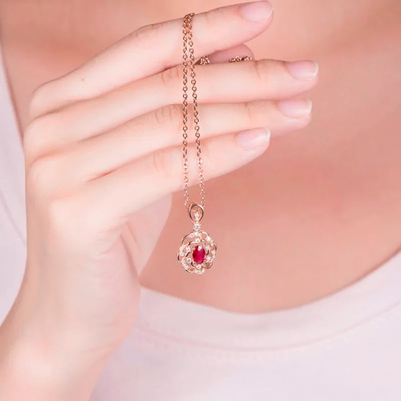 14K Rose Gold Red Ruby and Diamond Pendant Necklace for Women