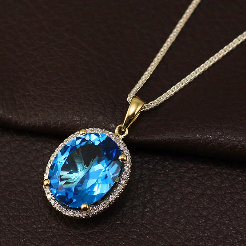 18K Yellow Gold Blue Topaz Diamond Pendant for Women