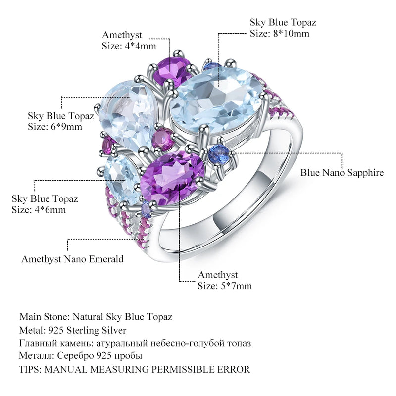 Sterling Silver Natural Sky Blue Topaz and Amethyst Candy Rings for Women