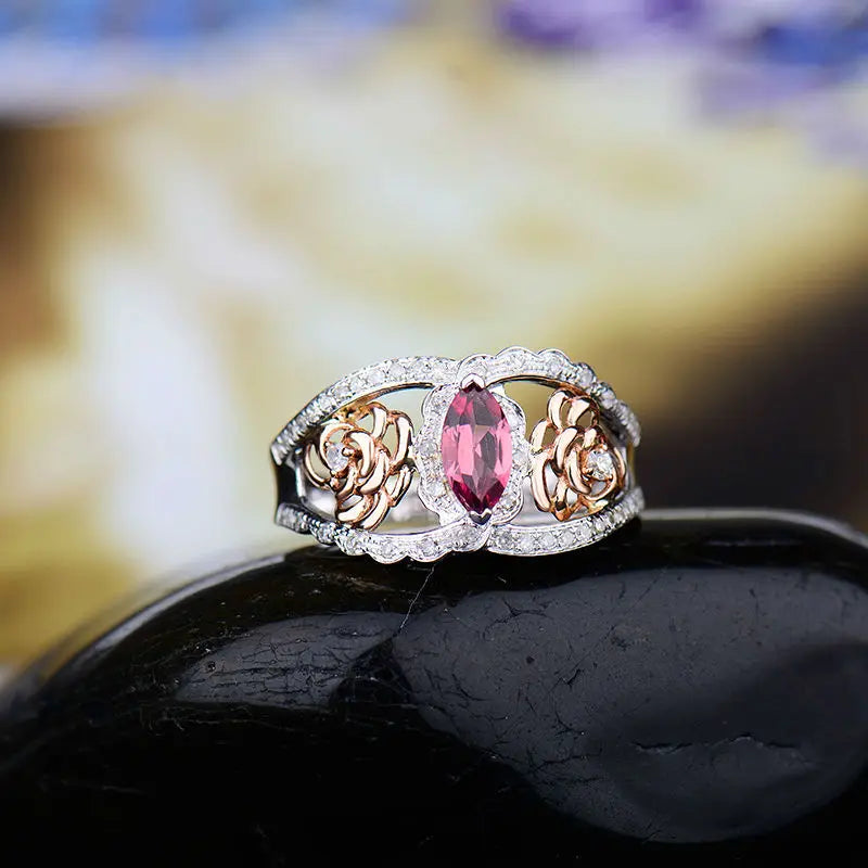 18K Two Tone Gold Marquise Pink Tourmaline and Diamond Engagement Ring for Women